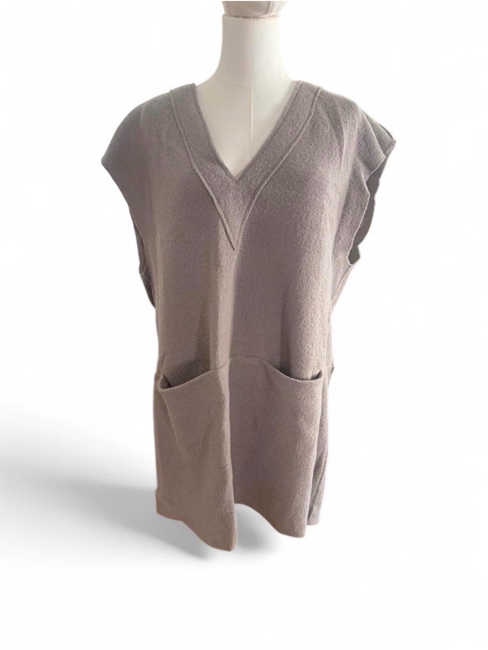 Sleeveless Knit V-Neck Tunic with Front Pockets - Taupe